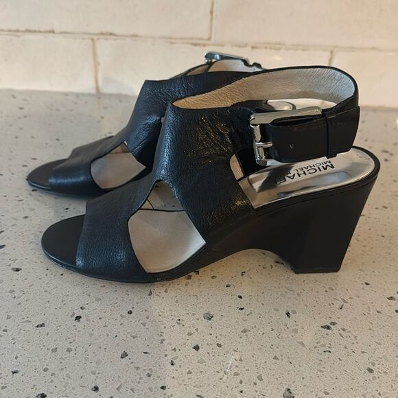 MICHAEL Michael Kors Women’s Size 8M Black Leather Wedged Heel Slingback Sandals - Picture 1 of 13